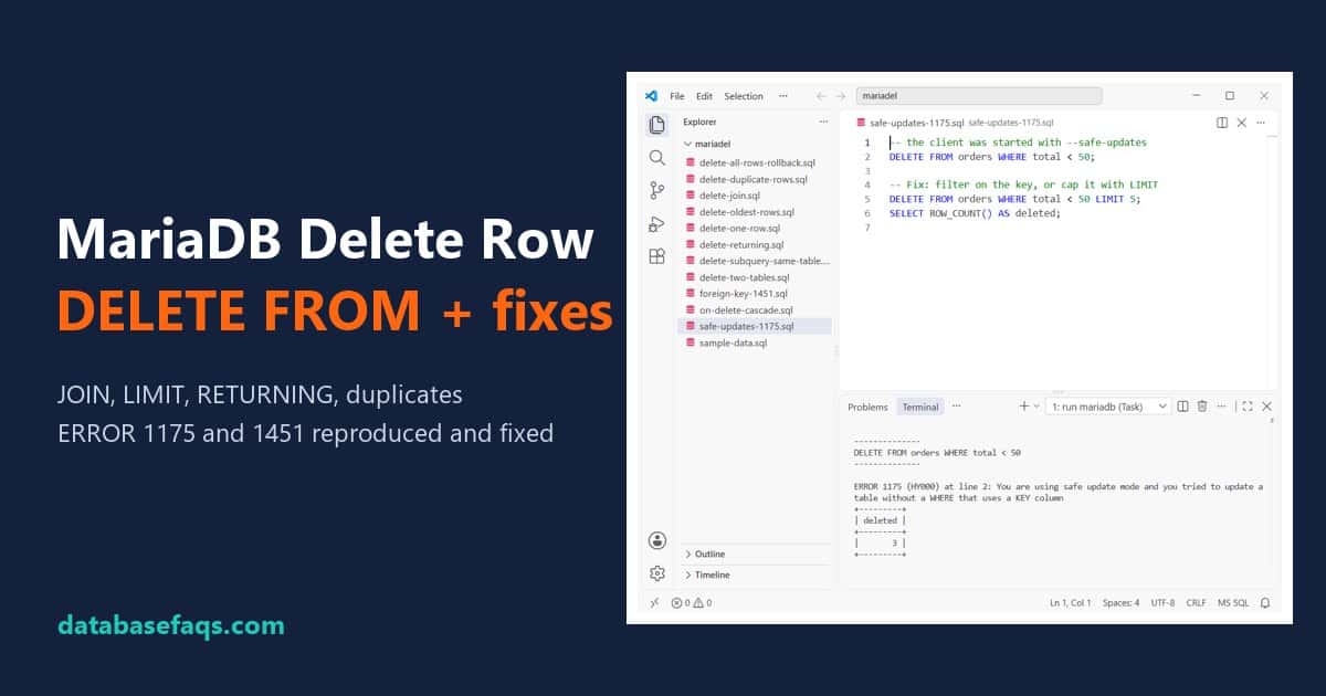 MariaDB DELETE FROM statement with ERROR 1175 safe update mode fix in VS Code