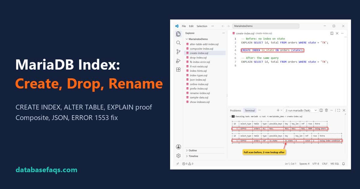 MariaDB index created with CREATE INDEX and checked with EXPLAIN in VS Code