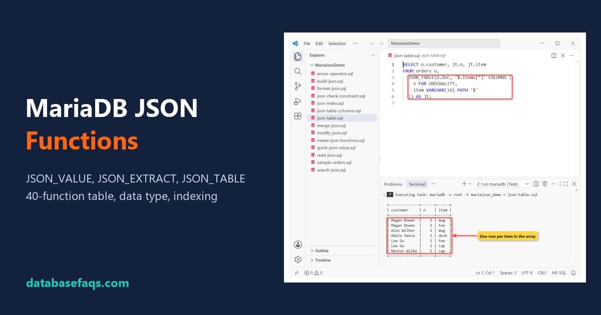 MariaDB JSON functions: JSON_TABLE turning a JSON array into rows in VS Code