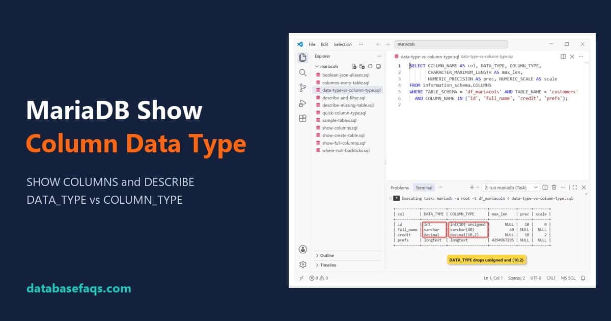 MariaDB show column data type: information_schema DATA_TYPE vs COLUMN_TYPE in VS Code
