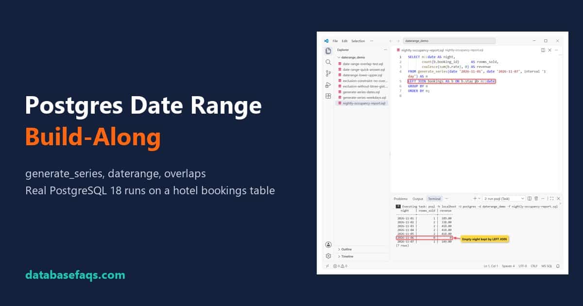 Postgres date range: generate_series nightly report joined to a daterange bookings table