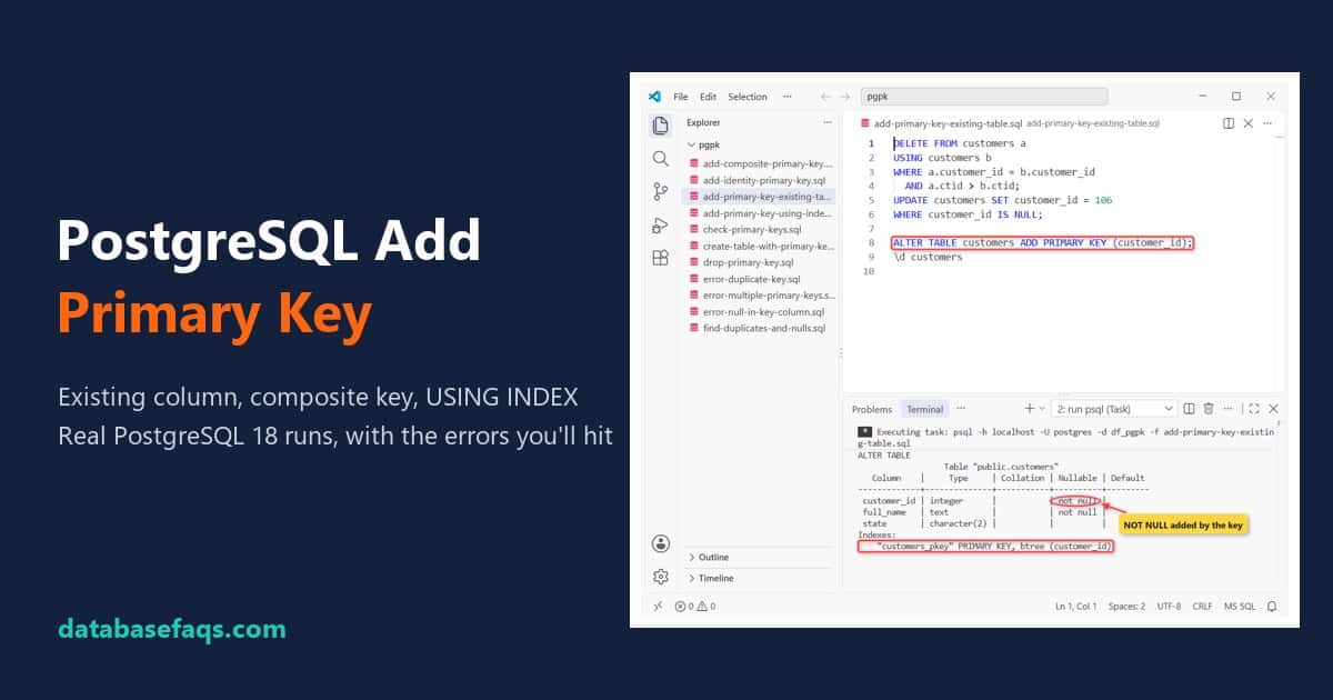 PostgreSQL add primary key with ALTER TABLE and the customers_pkey index shown in psql