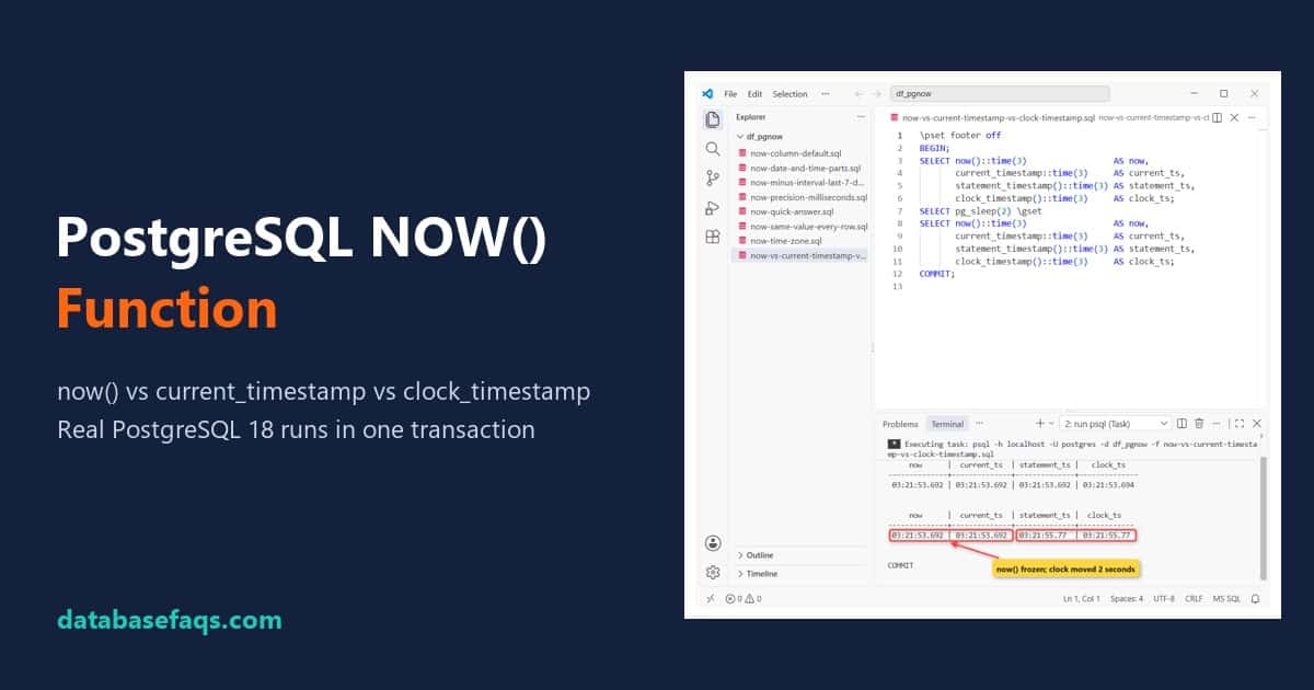 PostgreSQL now() frozen at transaction start compared with statement_timestamp and clock_timestamp