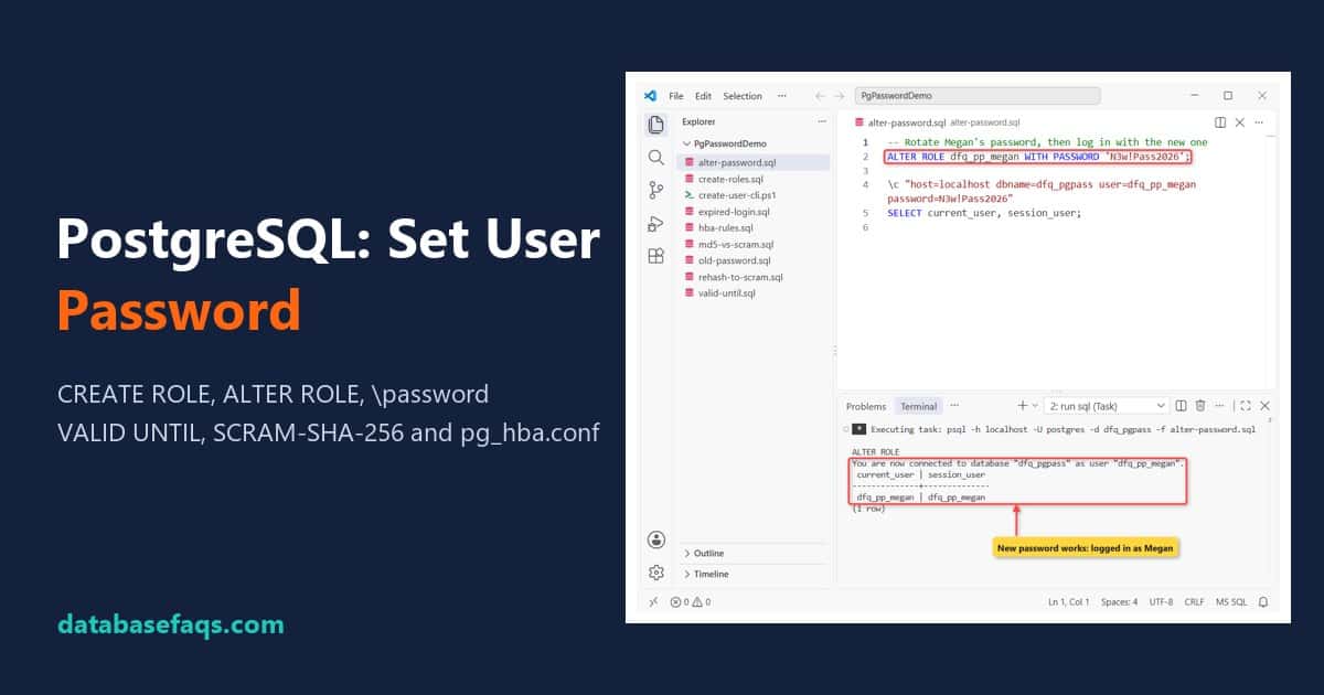 PostgreSQL set user password with ALTER ROLE and a psql login test