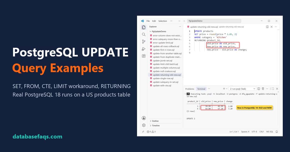 PostgreSQL UPDATE query with RETURNING old and new values in PostgreSQL 18