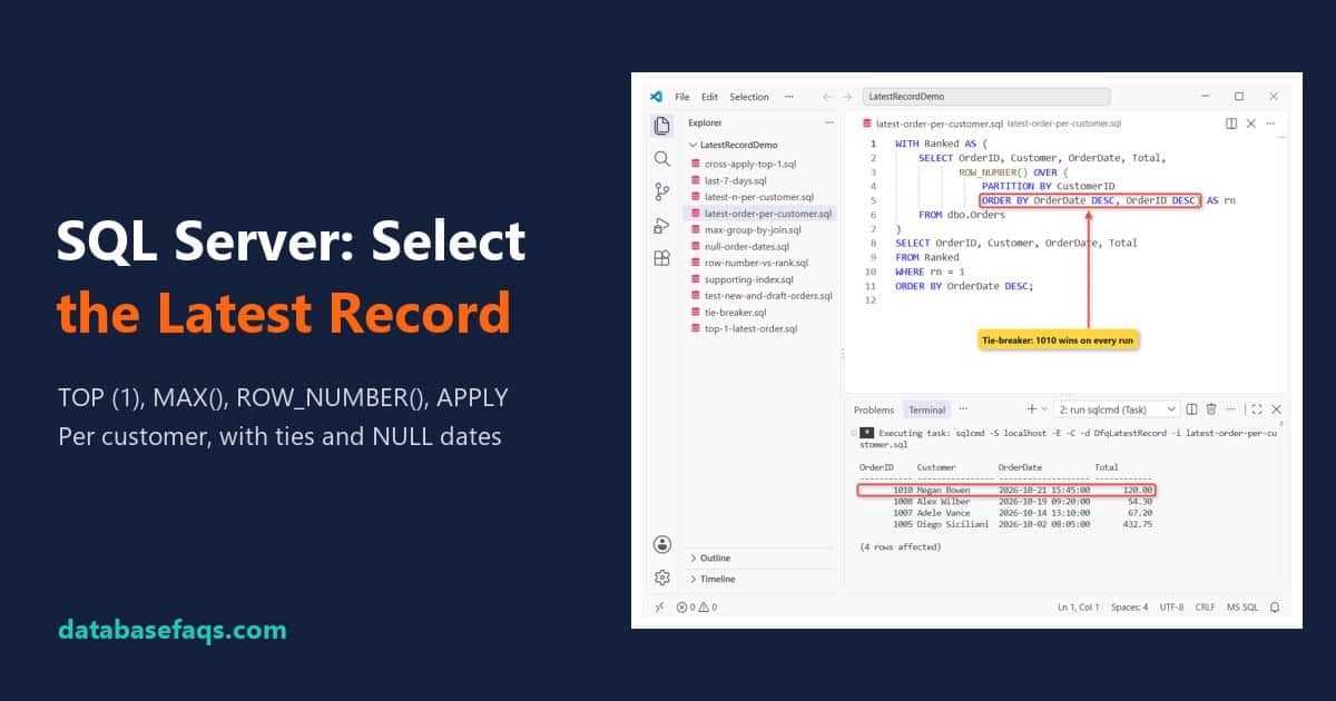 Select latest record in SQL Server per customer with ROW_NUMBER and a tie-breaker
