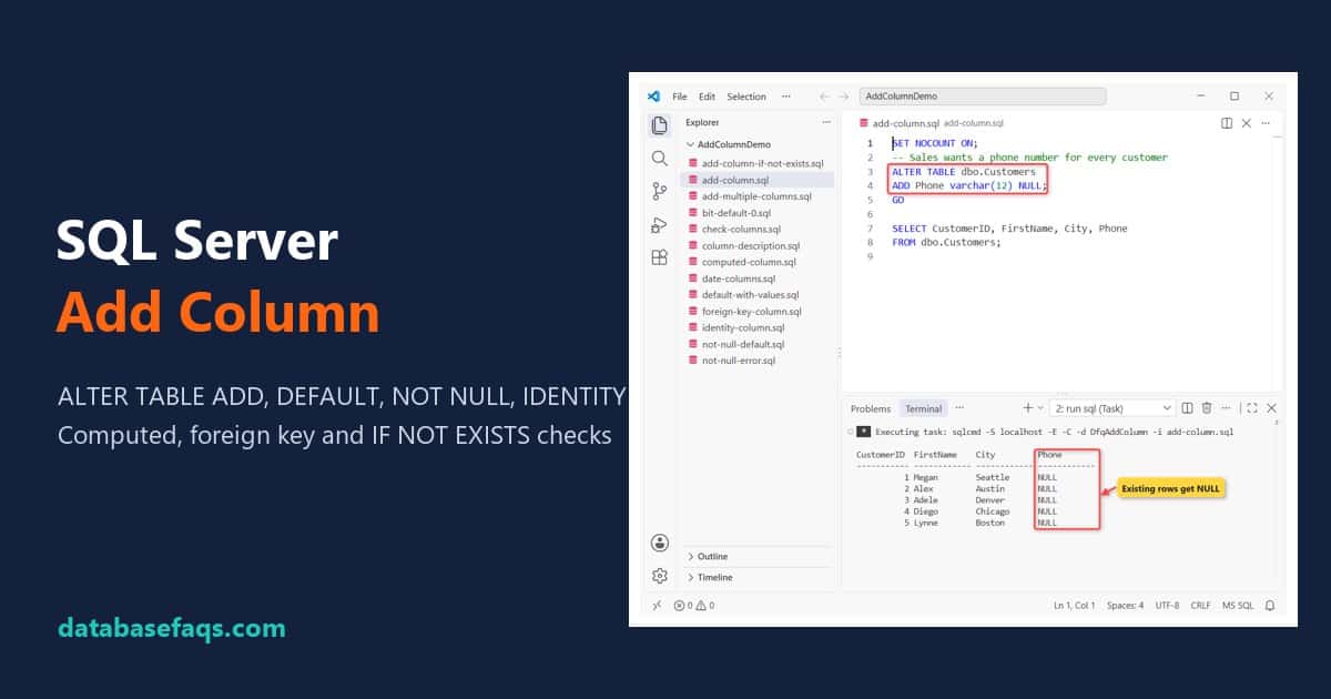 SQL Server add column with ALTER TABLE ADD, shown in VS Code with sqlcmd output