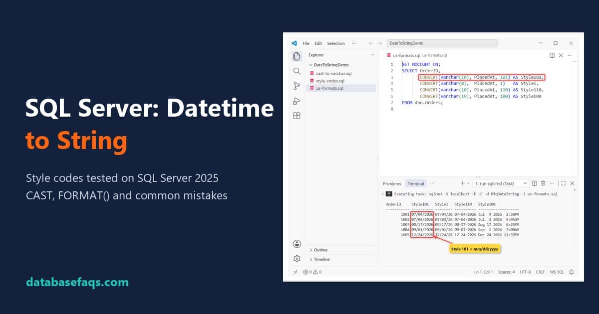 SQL Server convert datetime to string with CONVERT style codes 101, 1, 110 and 100