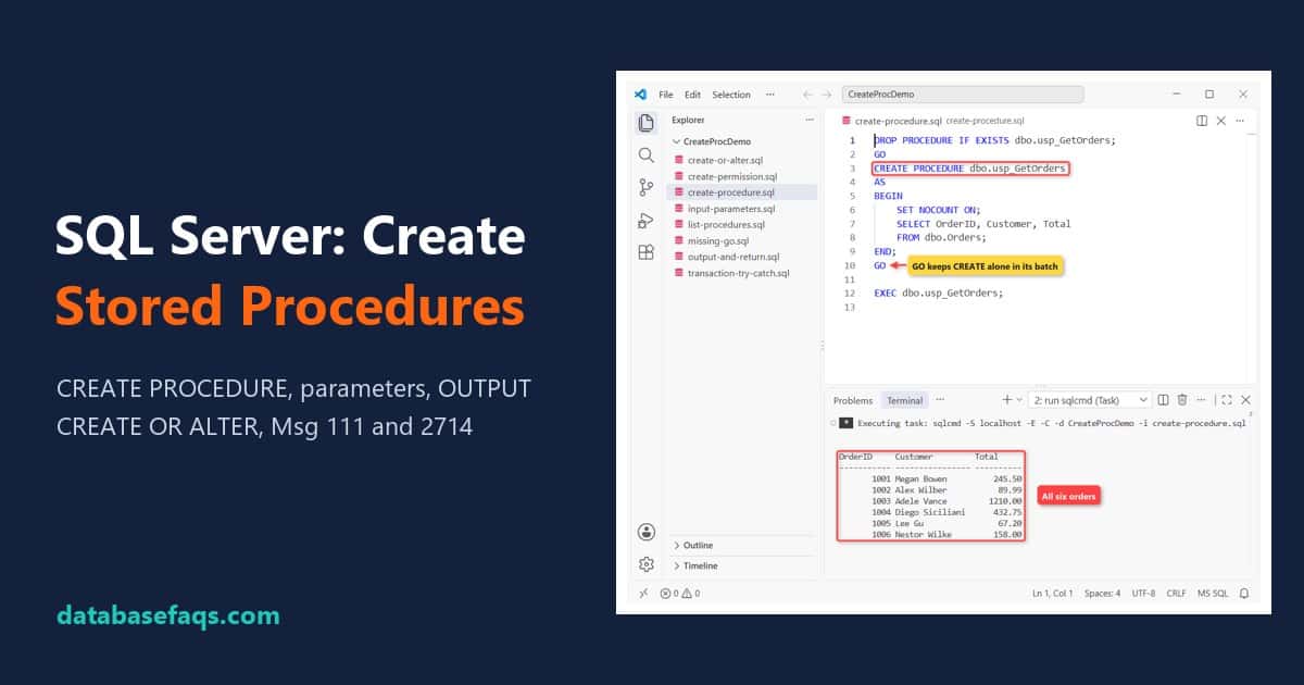 SQL Server create stored procedure example with CREATE PROCEDURE and EXEC in VS Code