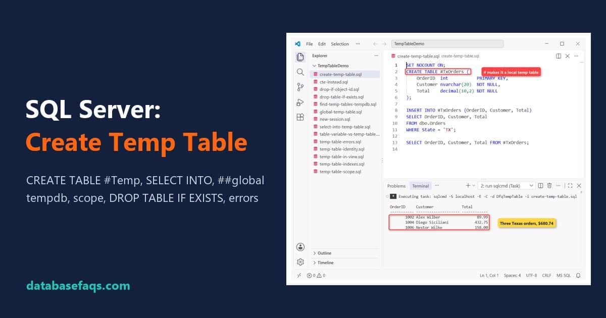 SQL Server create temp table with CREATE TABLE #TxOrders and INSERT INTO SELECT