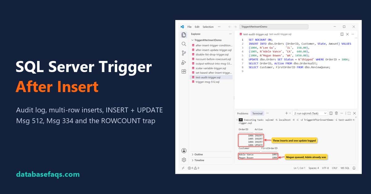 SQL Server trigger after insert audit log test with multi-row insert in VS Code