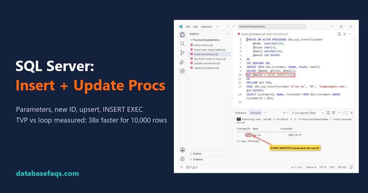 Stored procedure for insert and update in SQL Server with parameters and SCOPE_IDENTITY